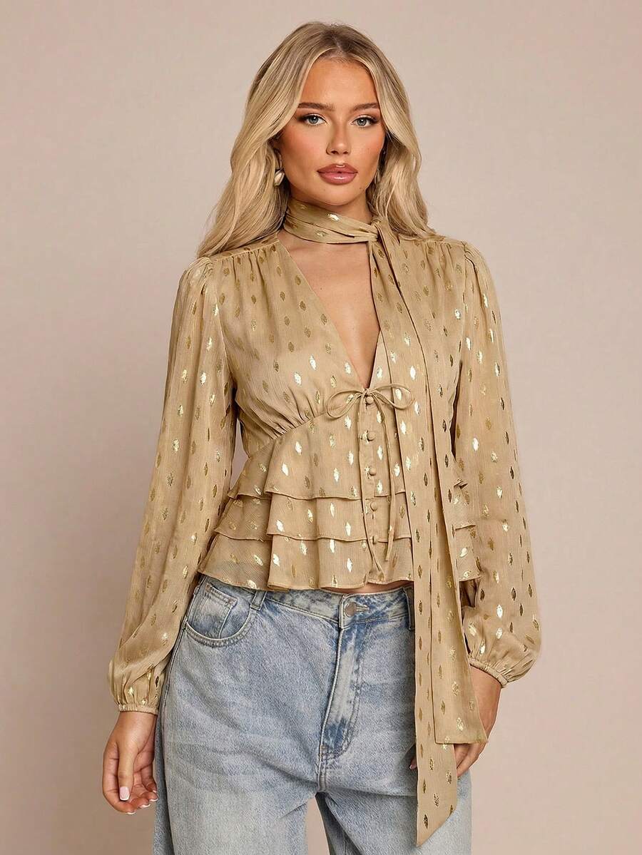 Glamine Women's French Style Casual Shirt With Metallic Gold Leaf Pattern, Detachable Ribbon, Layered Ruffle Hem, Suitable For Autumn And Winter