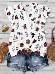 SHEIN LUNE Blusa de manga corta con estampado de libélula, elegante y versátil, talla grande para mujer - Blanco - Ver 1