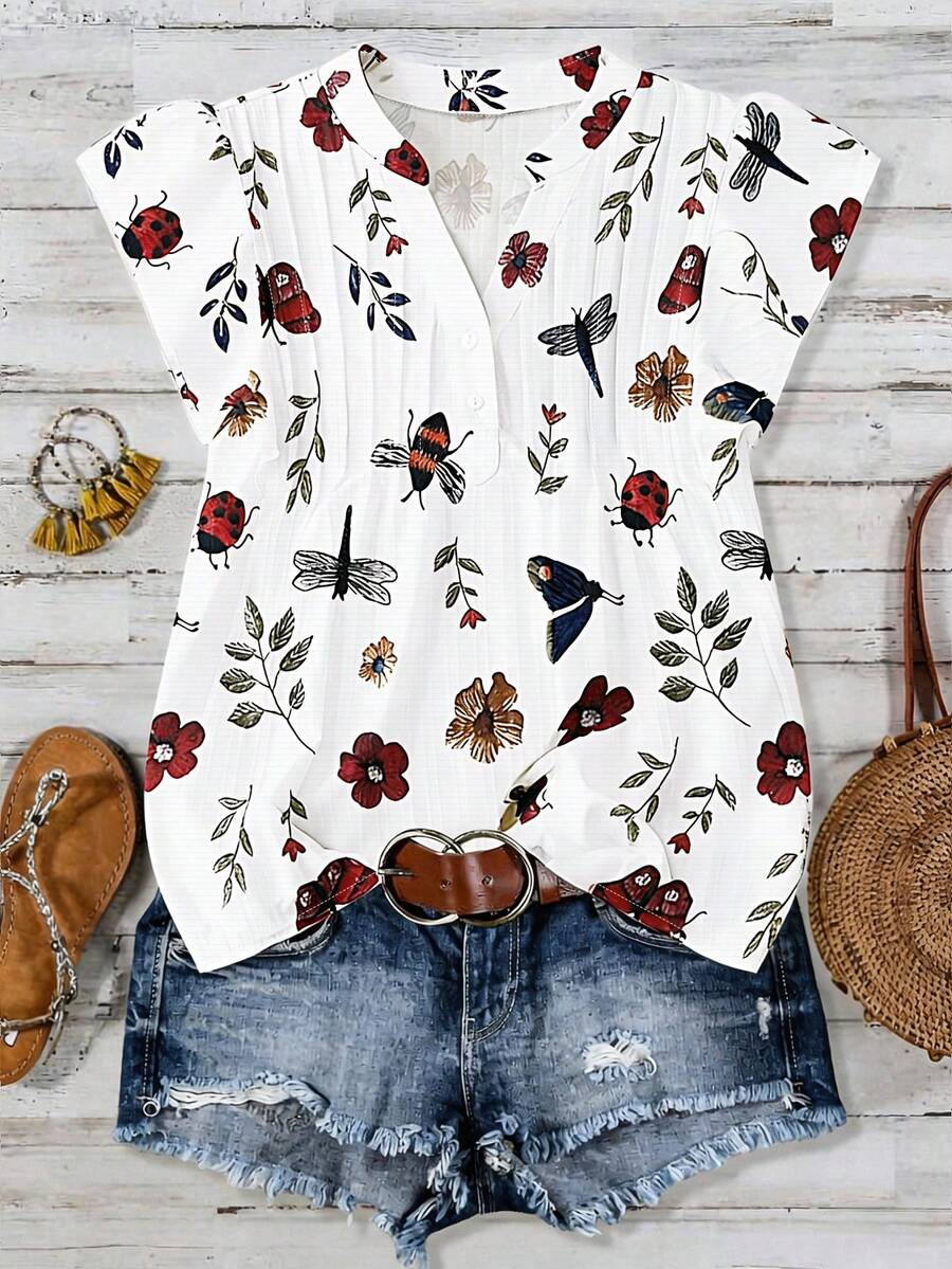 SHEIN LUNE Blusa de manga corta con estampado de libélula, elegante y versátil, talla grande para mujer - Blanco - Ver 1