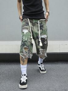 Manfinity EMRG 男士迷彩图案口袋做旧宽松牛仔短裤 - 軍綠色 - 查看 5