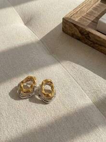 Resyla 2pcs Fashionable Asymmetrical Double-Layered Hoop Earrings With Simple Gold & Silver Geometric Lines - Stud - View 13