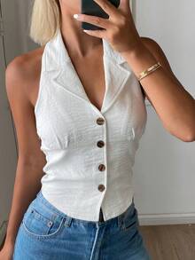 DAZY Top sin espalda ajustado de unicolor de verano casual para mujer - Blanco - Ver 2