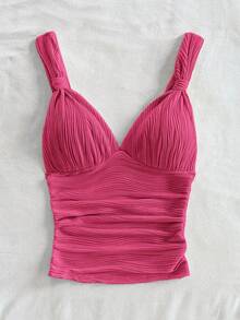 SHEIN Tall CURVE 大码女式纯色纹理褶皱吊带背心 - 玫紅色 - 查看 5