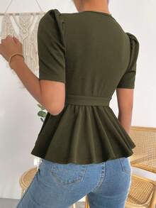 EMERY ROSE Summer Casual Solid Color Puff Sleeve T-Shirt With Belt Date Army Green - Army Green - View 2