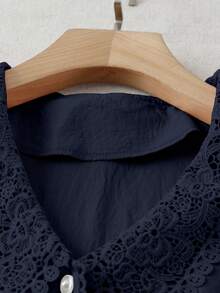 EMERY ROSE Plus Size Women's Solid Color Short Puff Sleeve Single-Breasted Casual Shirt - Navy Blue - View 6