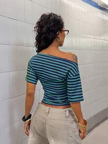 StreetHx Women's Fashionable Multi-Color Striped Asymmetric Neck Casual T-Shirt - Multicolor - View 2