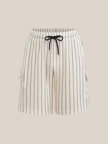 VeloEdit Cargo UtilityMen's Drawstring Waist Striped Cargo Pocket Casual Shorts Bermuda Old Money - White - View 3