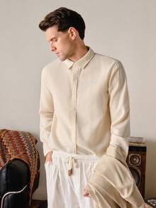 Stylish Men Apricot Semi-Sheer Polyester Shirt With Collar And Long Sleeves, Perfect For Business Boho, Fall Old Money - Apricot - View 1