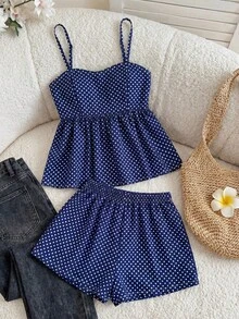 SHEIN TEENGIRL Black & White Vintage Polka Dot Two Pieces Set,Cute Summer Holiday Beach Vacation A-Line Top&Shorts,Collegiate Casual Women's Summer Outfits - Navy Blue - View 7