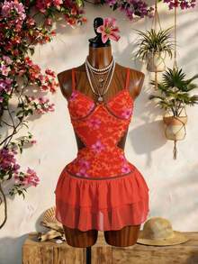 Lyxana Women's Floral Print Spaghetti Strap Ruffle Waist Dress, Vacation Style Beach Vacation Red Floral Summer Sexy - Orange - View 4