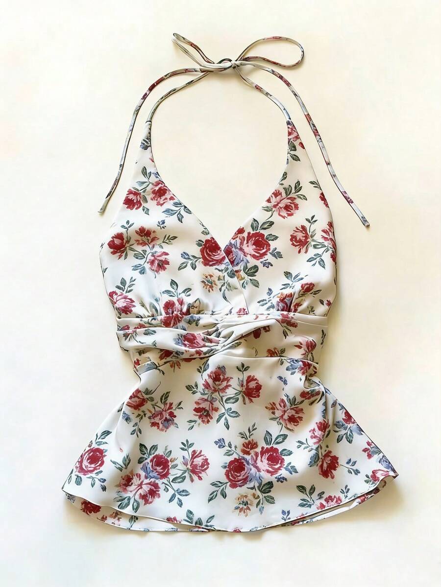优雅浪漫复古花卉图案水钻装饰A字型露背女式上衣 - 彩色 - 查看 1