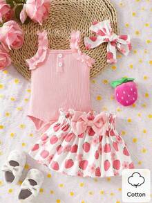 SHEIN Vintaside Kids 3件套幼儿女童夏季度假休闲卡通橙树叶图案荷叶边连体衣、裙子和发带 - 粉色 - 查看 3