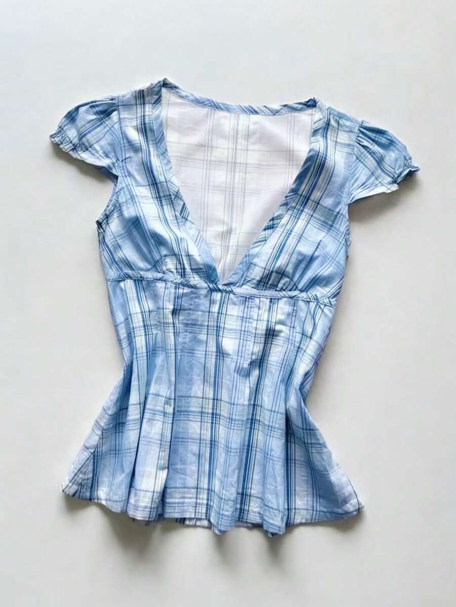SHEIN V领短袖修身女式上衣 - 藍色 - 查看 1
