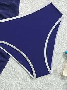 SHEIN Teen Girls 3-Piece Bikini Set, Navy Blue & White Contrast Color, Soft & Smooth Fabric, Halter Neck Triangle Top, Mesh Skirt, Minimalist Nautical Style, Suitable For Swimming, Beach, Pool, Summer Vacation - Navy Blue - View 5