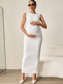 MaterniWear 2pcs Maternity Set: Solid Color Pleated Round Neck Top And Adjustable Waist Skirt, Casual Daily Wear - White - View 8