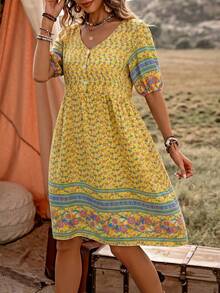 Đầm casual in hoa cài cúc, thích hợp cho kỳ nghỉ biển, trang phục nữ. - Màu vàng - Xem 3