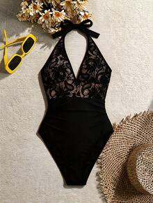 SHEIN Swim Lushore Globally Popular Sexy & Elegant One-Piece Swimsuit For Beach Vacation, Side Ruched Design, Cup Lace Patchwork, Solid Black Fabric, Fashionable One Piece Swimsuit Swimwear - Black - View 8