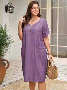 Rosumi Plus Size Women Solid Color Button Design Raglan Sleeve Casual Dress - Purple - View 8