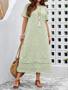 EMERY ROSE Vestido casual de manga corta con cuello redondo y estampado de cuadros, talla grande, para verano - Verde - Ver 1