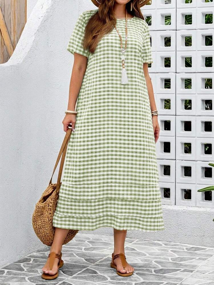 Plus Size Plaid Print Round Neck Casual Short Sleeve Dress, Summer