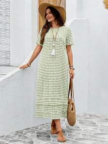 EMERY ROSE Vestido casual de manga corta con cuello redondo y estampado de cuadros, talla grande, para verano - Verde - Ver 4