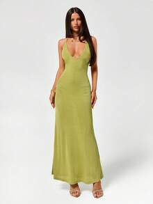 SHEIN ICON Sexy Semi-Sheer Rhinestone Backless Long Dress For Women - Lime Green - View 8