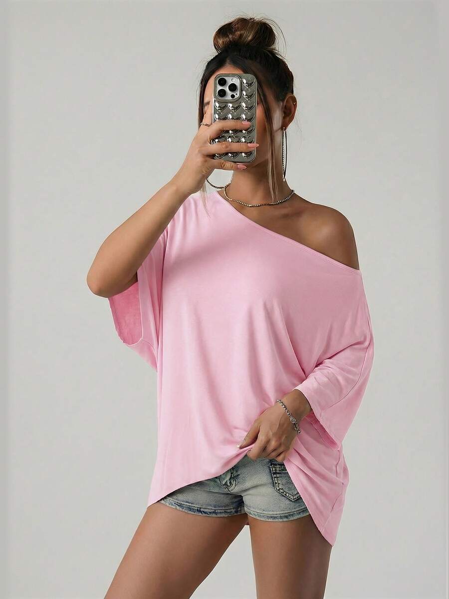 SHEIN ICON Camiseta de manga raglán de corte holgado y casual para mujer, de unicolor - Rosa - Ver 1