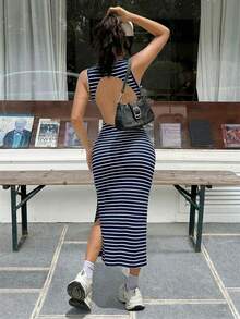 SHEIN EZwear EZwear 女士条纹露背侧开衩中长连衣裙，藏蓝色 - 藏蓝色 - 查看 2