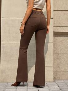 Selenza 女士褶裥修身百搭口袋喇叭裤，时尚百搭 - 咖啡棕 - 查看 4