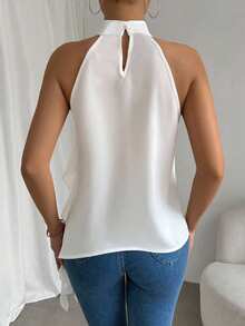 SHEIN Clasi Blusa con cuello de halter con volantes de unicolor, blusas sin mangas - Blanco - Ver 2