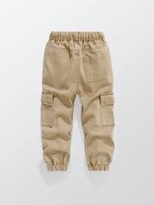 SHEIN Young Boy 复古休闲街头酷炫多口袋宽松舒适抽绳腰工装裤，卡其色 - 卡其色 - 查看 3