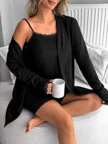 SHEIN 3pcs Ribbed Lace Trim Cami Top, Shorts & Cardigan Pajama Lounge Set – Soft, Stretch, Cozy Fit - Black - View 6