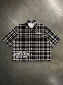 Manfinity ZONE917 Boxy Streetwear Loose "JESUS" Slogan Plaid Full Print Short Sleeve Shirt, Brown & Black - Multicolor - View 1
