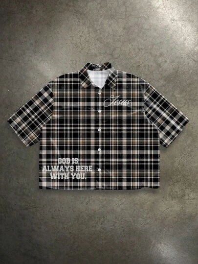 Manfinity ZONE917 Boxy Streetwear Loose "JESUS" Slogan Plaid Full Print Short Sleeve Shirt, Brown & Black
