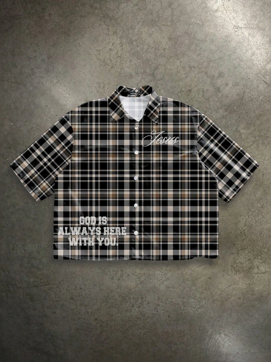 Manfinity ZONE917 Boxy Streetwear Loose "JESUS" Slogan Plaid Full Print Short Sleeve Shirt, Brown & Black - Multicolor - View 1