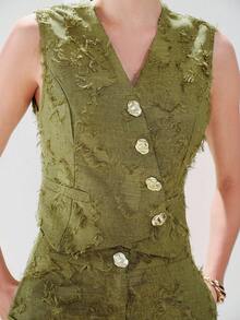 Aveloria Modichic Ensemble 2 pièces pour femmes vert olive, élégant et décontracté chic pour l'été, tea party et garden party, blazer sans manches asymétrique en jacquard texturé avec franges - Vert - Voir 3