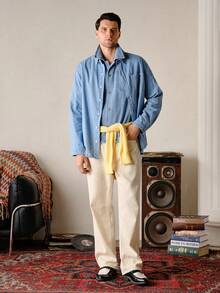 VeloEdit 男士斜口袋宽松牛仔裤纯色长款水洗宽松工装牛仔裤轻便牛仔裤，适合送给老公、男朋友的礼物 - 杏色 - 查看 5