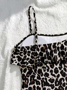 SHEIN 少女修身休闲舒适运动连体泳衣，带荷叶边装饰 - 彩色 - 查看 5