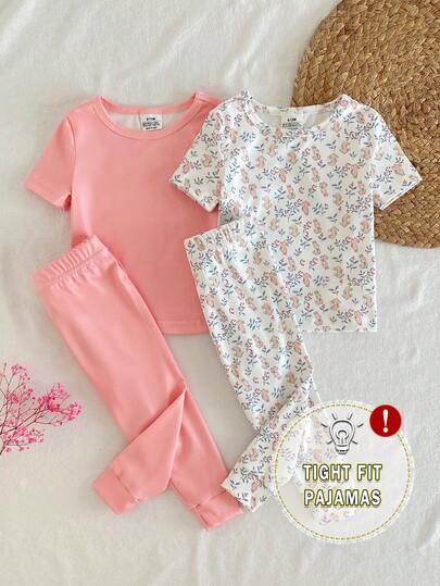 Bộ đồ ngủ 4 món mùa xuân hè cho bé gái, chất liệu mềm mại, co giãn, in hình thỏ và lá cây hoạt hình dễ thương, vừa vặn.