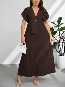 Firerie Plus Size Women's Solid Color Single-Button Short Sleeve Shirt And Pleated Mini Skirt Elegant 2-Piece Set - Brown - View 6