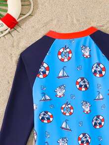 LOONEY TUNES X SHEIN GraphicGems Young BoyLong Sleeve Parrot Print One-Piece Swimsuit, Summer - Multicolor - View 5