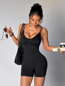 Slayform 一件式无缝连体裤+常规短裤，吸湿排汗面料，交叉绑带设计，基础款，黑色，运动连体裤，健身，瑜伽 - 彩色 - 查看 3