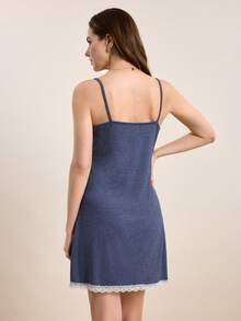 Hourtrue Lace Trim Cami Pajama Night Dress Holiday Season - Navy Blue - View 2