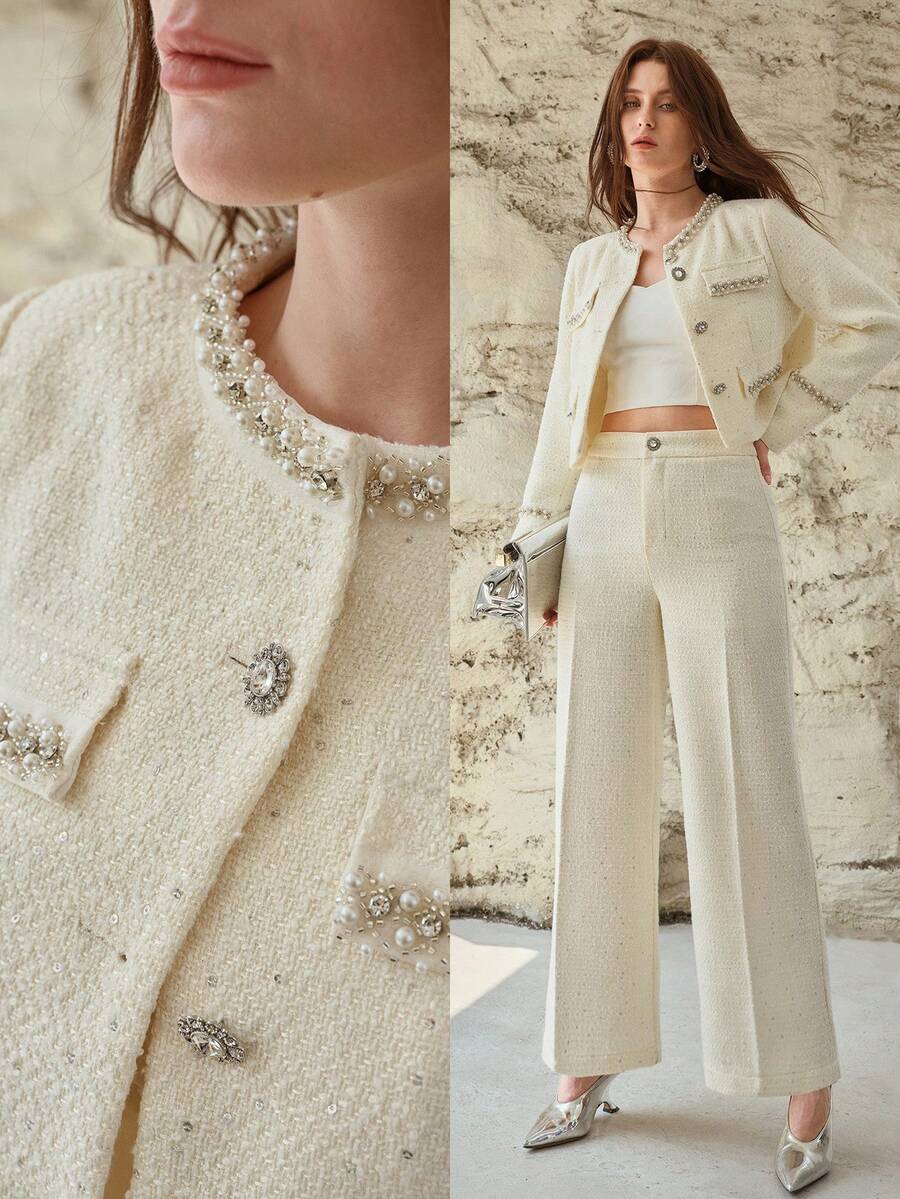 PREMIUM WOMEN'S RHINESTONE & FAUX PEARL DETAIL BUTTON UP JACKET - Beige - View 1