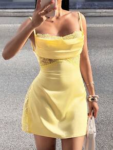 Slaydiva 新款春夏音乐节、情人节、复活节、婚礼季、假日季、海滩度假、休闲、优雅、通勤、日常穿着、工作服、度假、派对、邮轮、派对、基础款、日常约会、Y2K、性感露背、V领、摇领、蕾丝边、亮缎面料、A字裙、浅黄色连衣裙、女士迷你连衣裙 -A - 淡黃色 - 查看 12