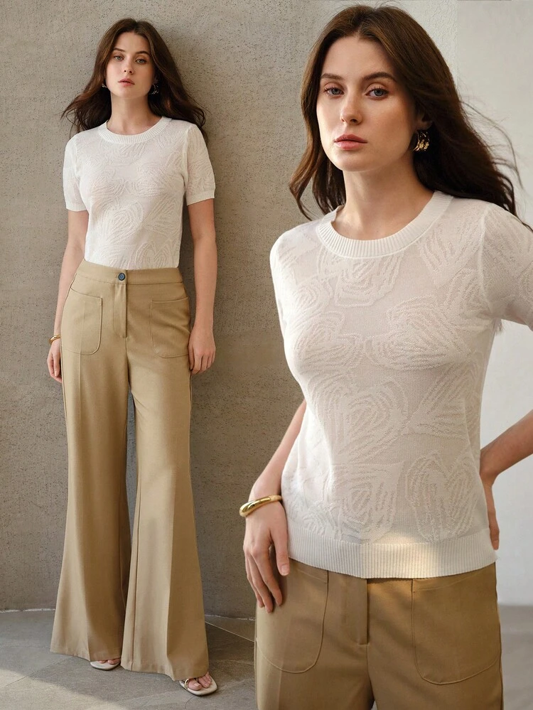 UNIQUE DELICATE HOLLOW-OUT JACQUARD KNIT SHORT SLEEVE SOFT & LIGHTWEIGHT KNIT TOP