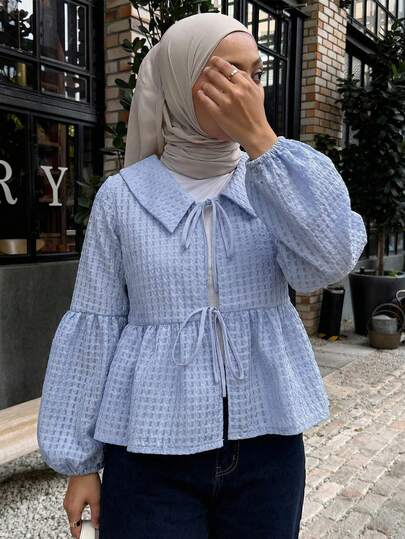 DAZY Women's Casual Elegant Vacation Style Light Blue Shirt Autumn Tea Party Long Sleeve