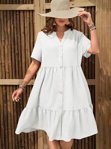 EMERY ROSE Plus Size Casual Solid Color Button Front Dress - White - View 4