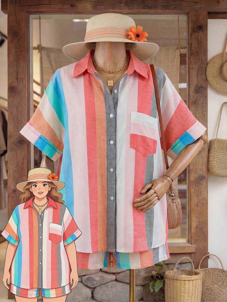 Plus Size Women Striped Short Sleeve Button-Up Shirt And Shorts Casual 2-Piece Set Work Dresses For Women Country Style For Women Country Concert Outfit Summer Outfit For Women Summer Outfits For Women Linen Sets For Women Vacation