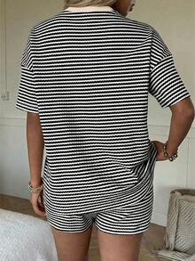 SHEIN EZwear Black Striped Print Round Neck Short Sleeve T-Shirt And Shorts Casual Set - Black - View 3
